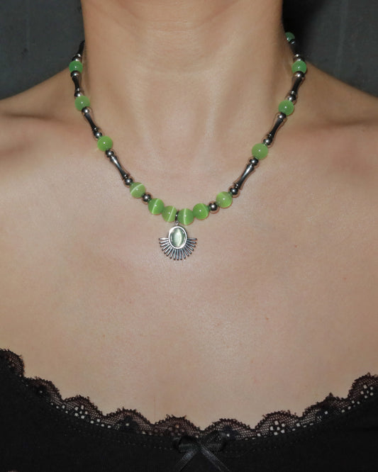 Soleil Green Cat Eye Sun Silver Necklace