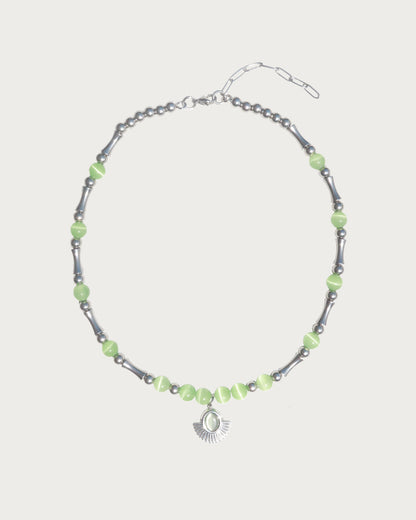 Soleil Green Cat Eye Sun Silver Necklace