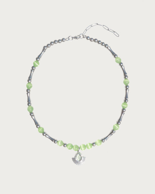 Soleil Green Cat Eye Sun Silver Necklace