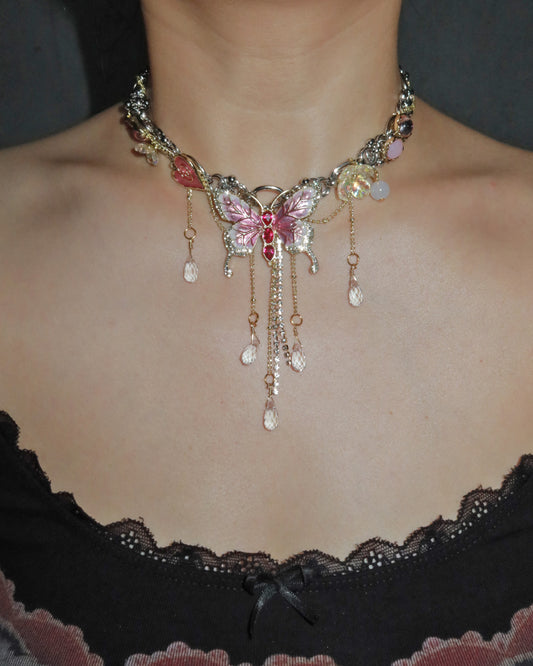 Maelis Berry Pink Butterfly Tassel Crystal Silver Necklace