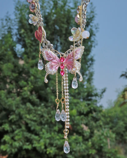 Maelis Berry Pink Butterfly Tassel Crystal Silver Necklace