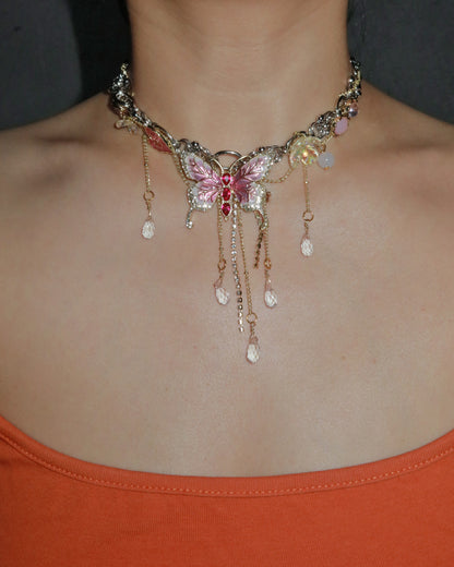 Maelis Berry Pink Butterfly Tassel Crystal Silver Necklace