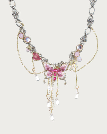 Maelis Berry Pink Butterfly Tassel Crystal Silver Necklace
