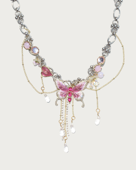 Maelis Berry Pink Butterfly Tassel Crystal Silver Necklace