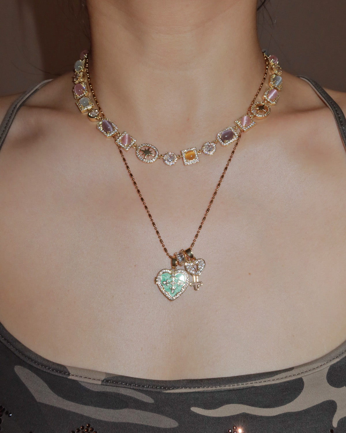 Shirley Colorful Crystal Geometric Golden Necklace & Bracelet