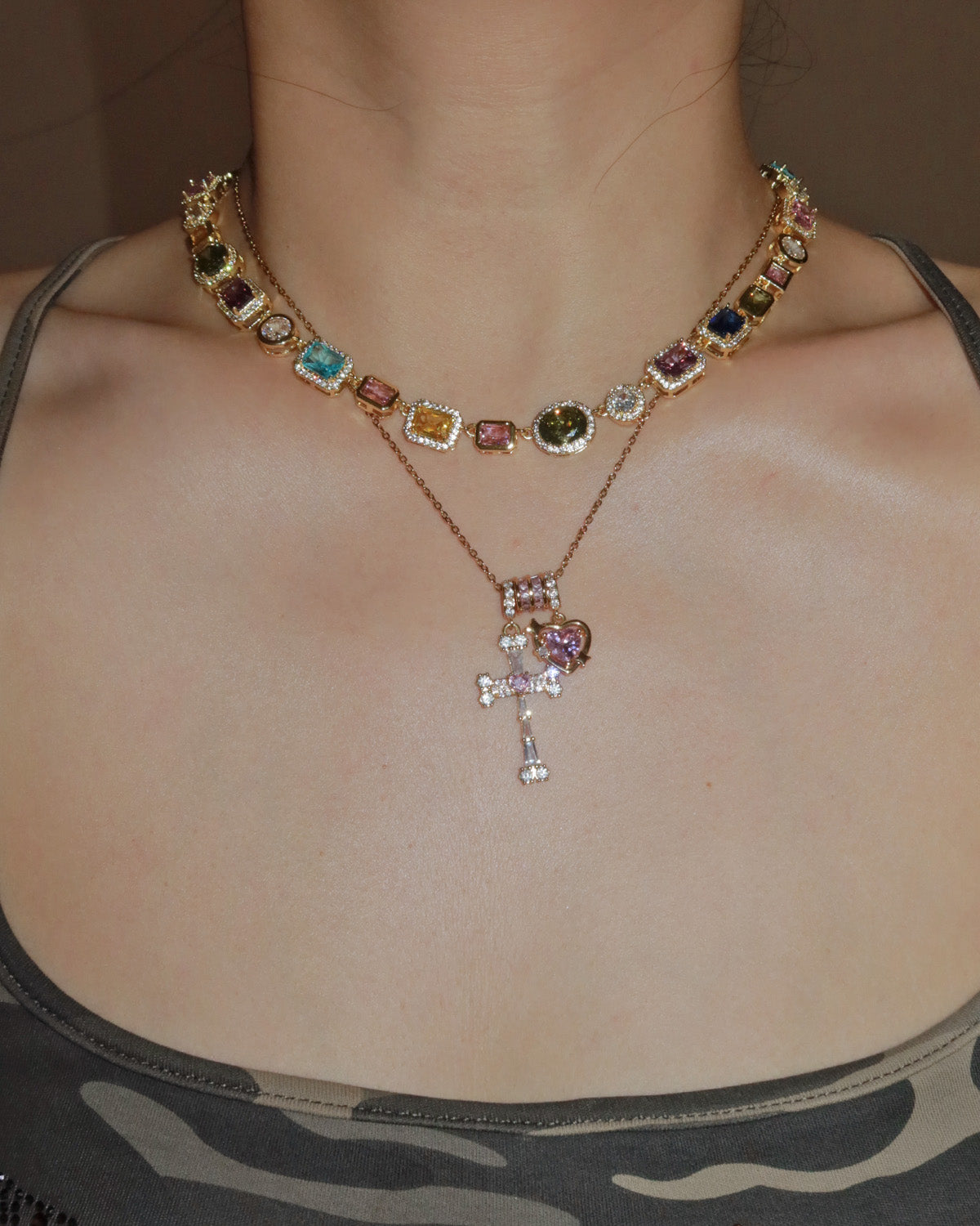 Doreen Pink Heart Cross Golden Pendant Necklace
