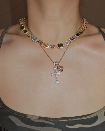 Doreen Pink Heart Cross Golden Pendant Necklace