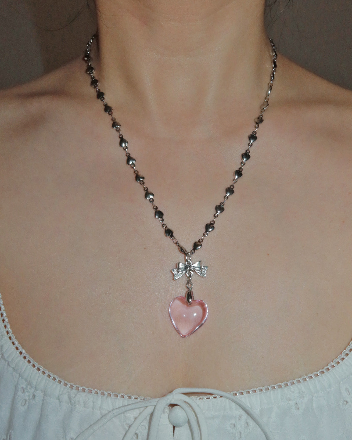 Ingrid Pink Heart Bow Pendant Silver Necklace