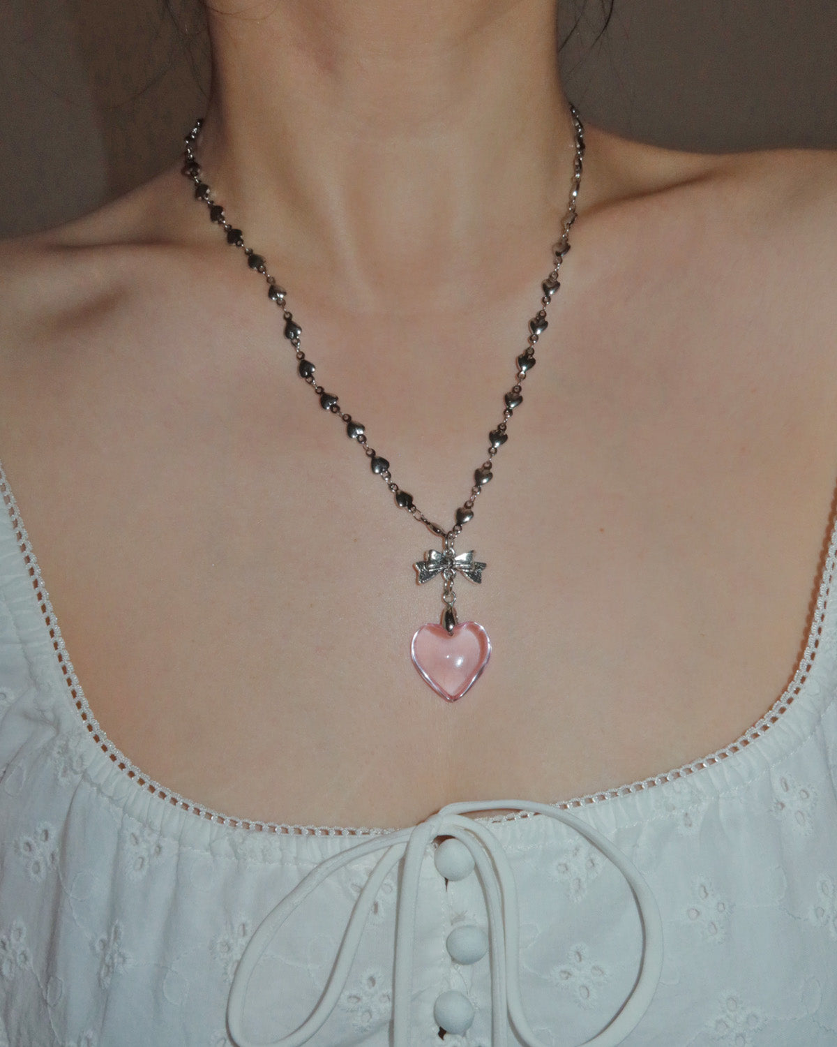 Ingrid Pink Heart Bow Pendant Silver Necklace