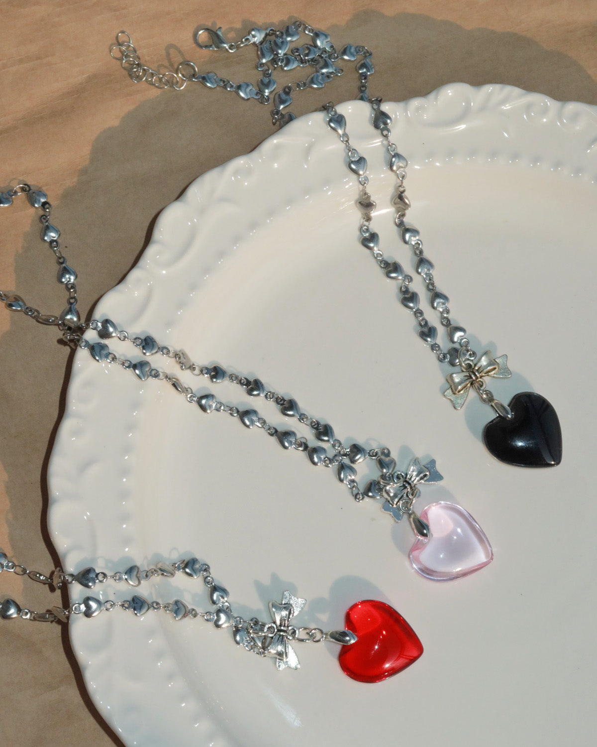 Ingrid Red Heart Bow Pendant Silver Necklace