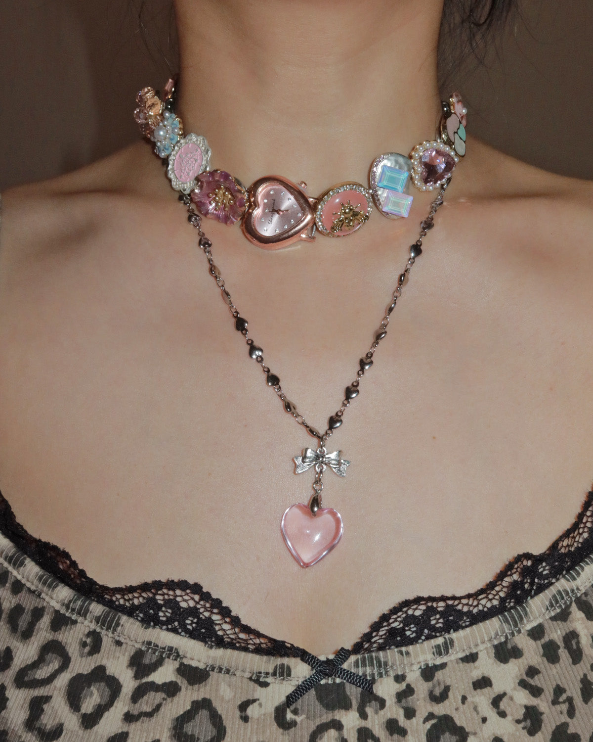 Ingrid Pink Heart Bow Pendant Silver Necklace