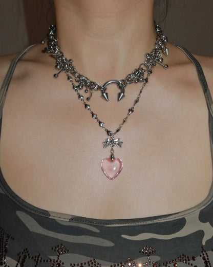 Ingrid Pink Heart Bow Pendant Silver Necklace