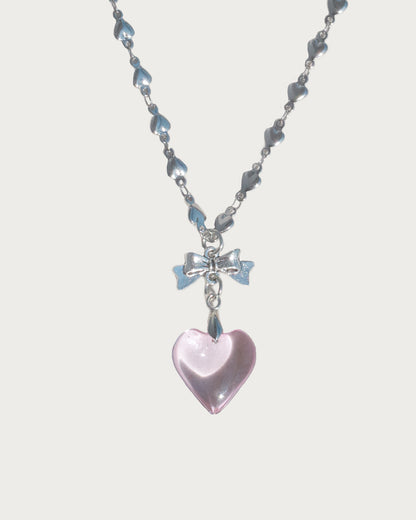 Ingrid Red Heart Bow Pendant Silver Necklace