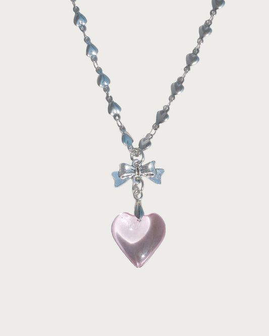 Ingrid Pink Heart Bow Pendant Silver Necklace