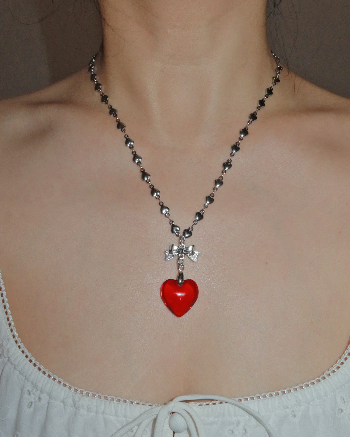 Ingrid Red Heart Bow Pendant Silver Necklace