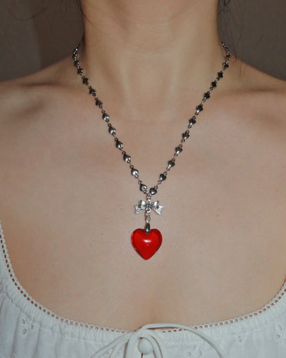 Ingrid Red Heart Bow Pendant Silver Necklace