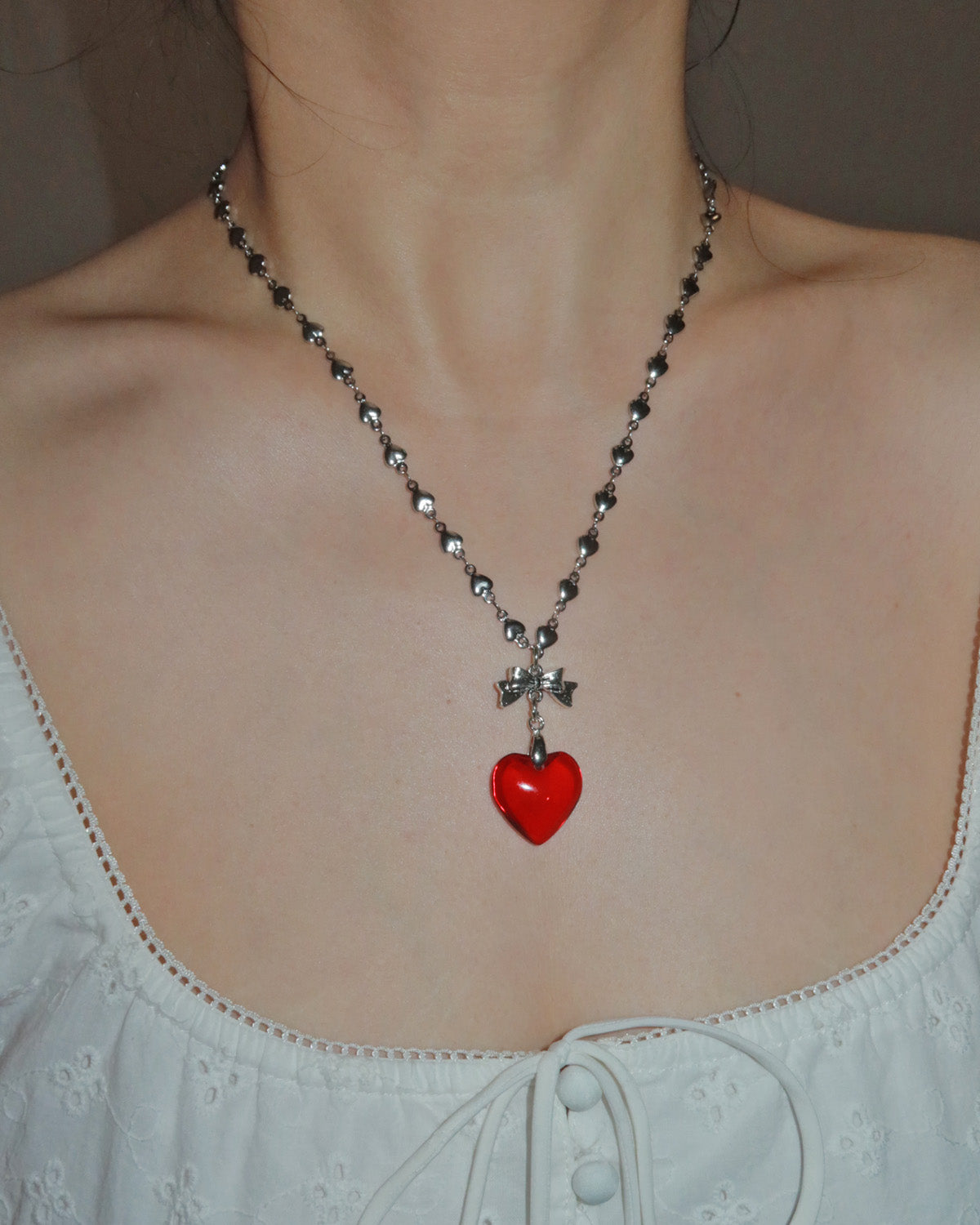 Ingrid Red Heart Bow Pendant Silver Necklace