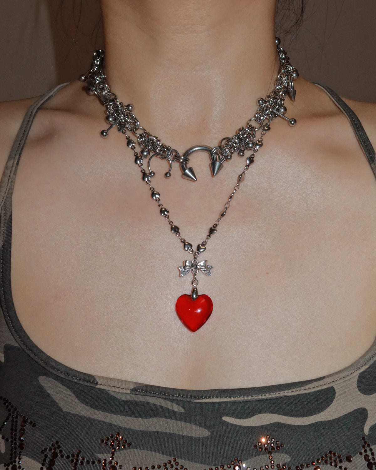Ingrid Red Heart Bow Pendant Silver Necklace