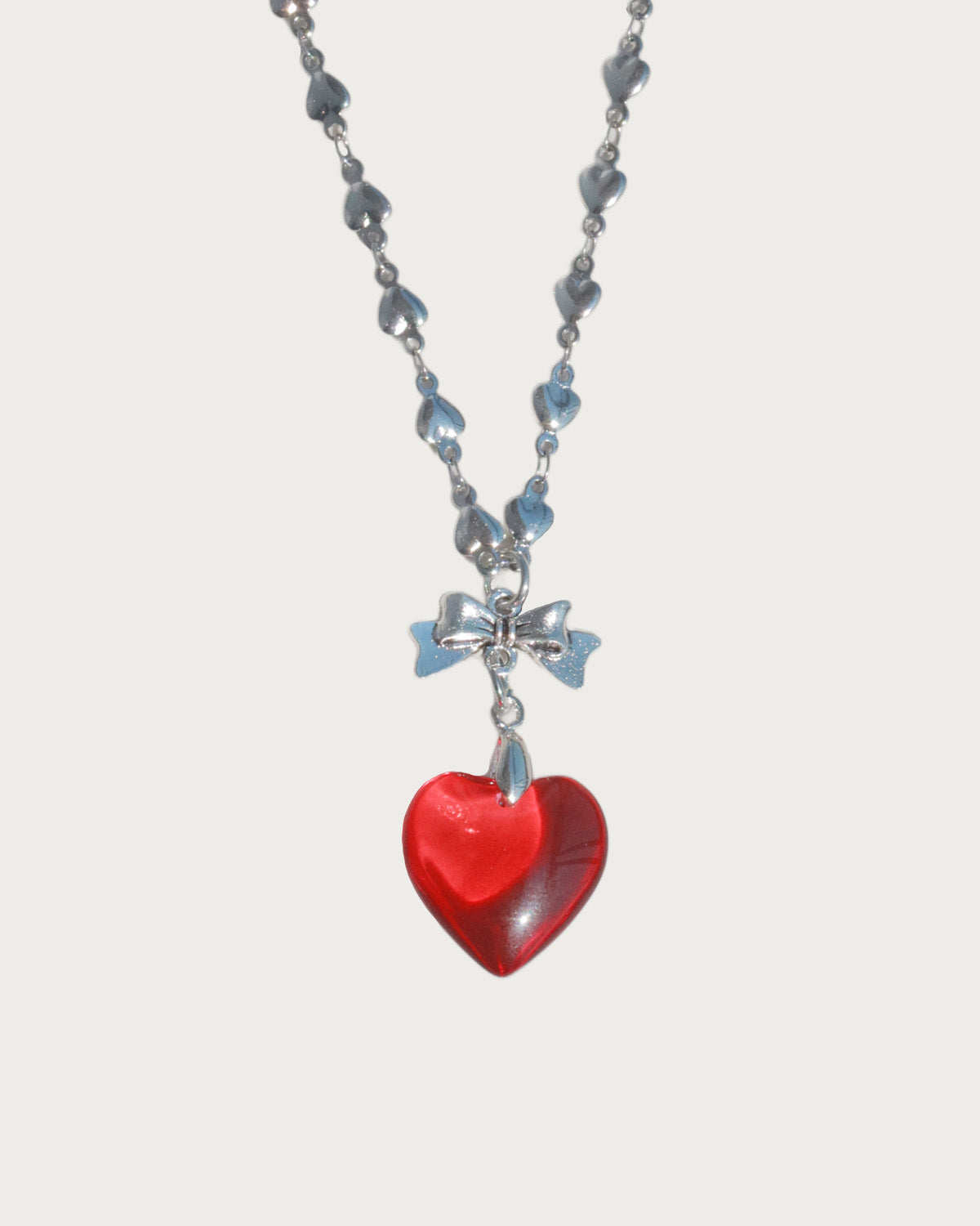 Ingrid Red Heart Bow Pendant Silver Necklace