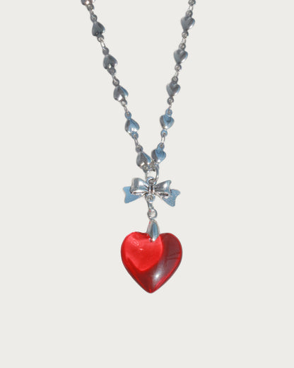 Ingrid Red Heart Bow Pendant Silver Necklace
