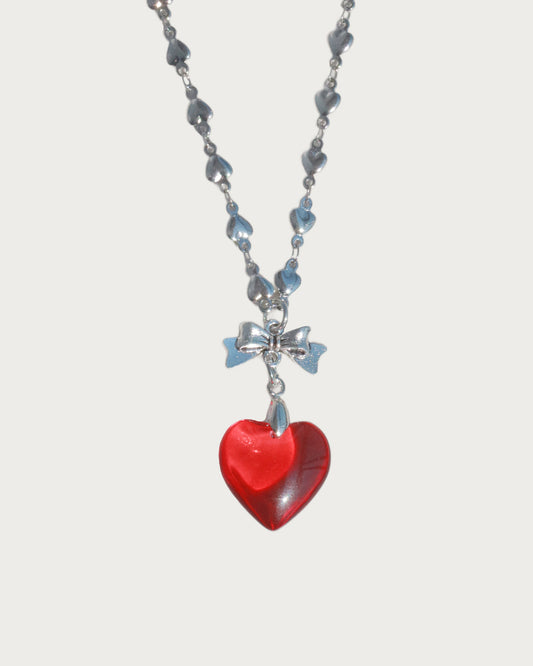 Ingrid Red Heart Bow Pendant Silver Necklace