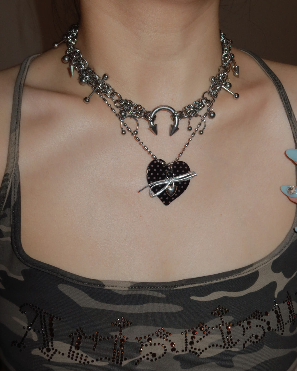 Quanna Black Polka Dot Heart Bow Silver Pendant Necklace