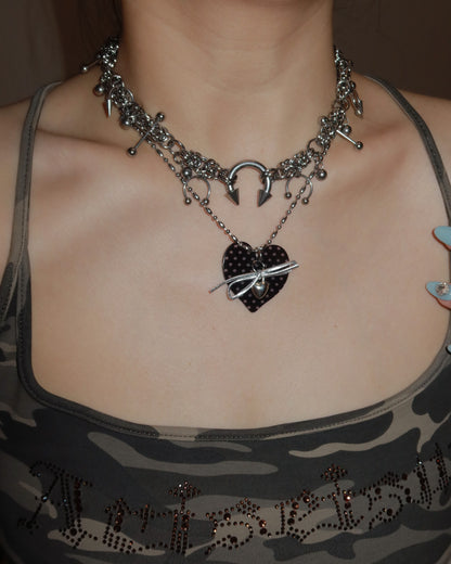 Quanna Black Polka Dot Heart Bow Silver Pendant Necklace