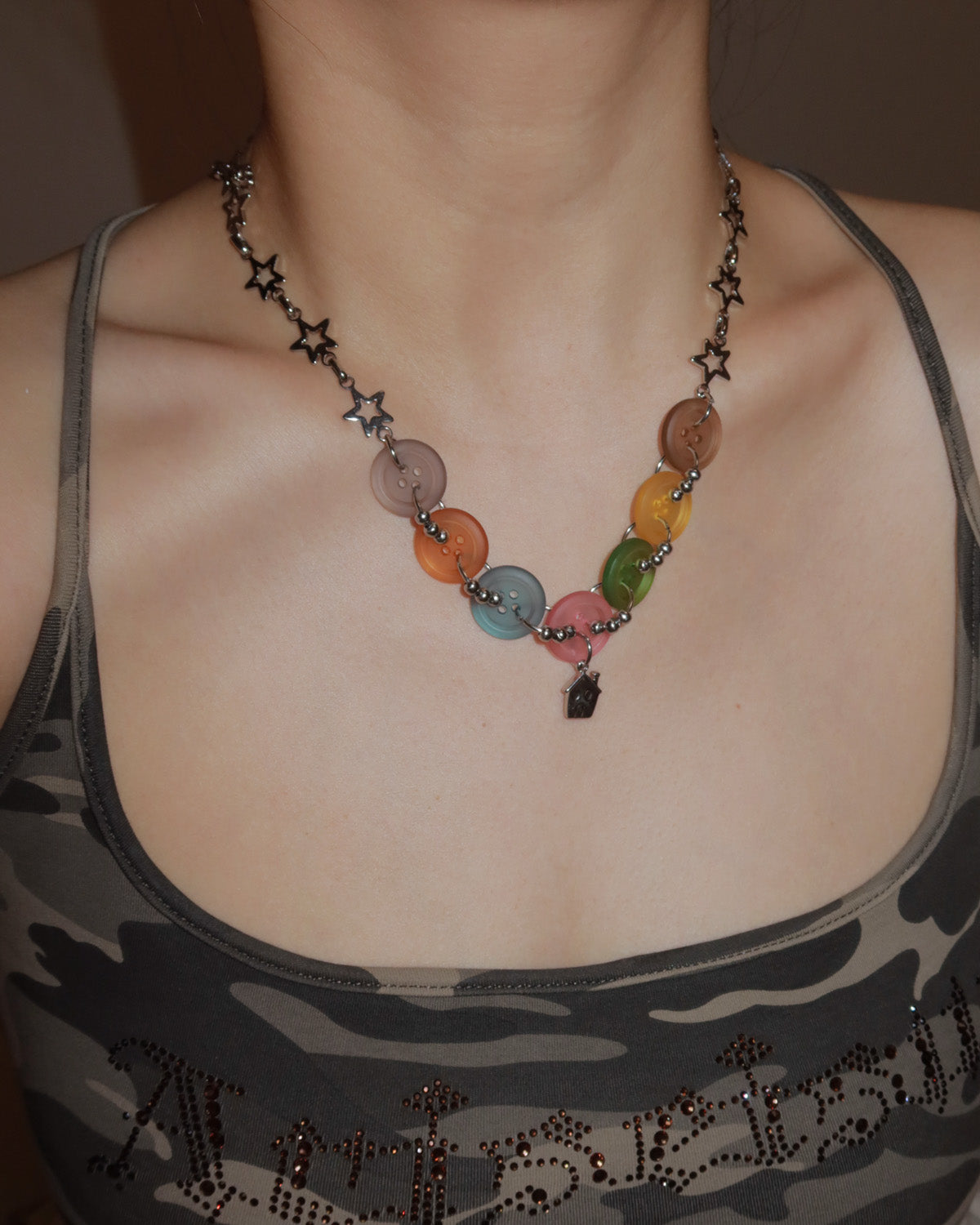 Olive Colorful Button Patchwork Star Silver Pendant Necklace & Earrings
