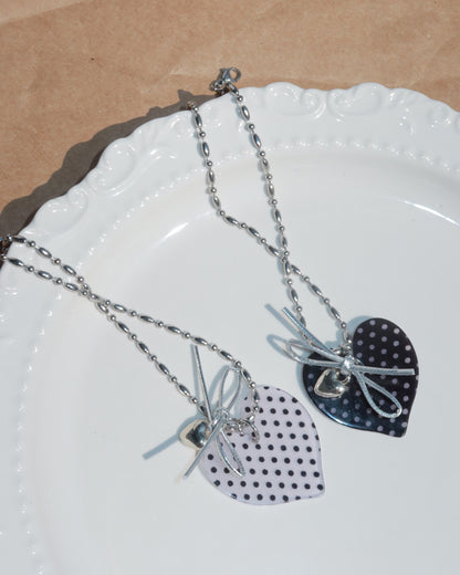 Quanna White Polka Dot Heart Bow Silver Pendant Necklace