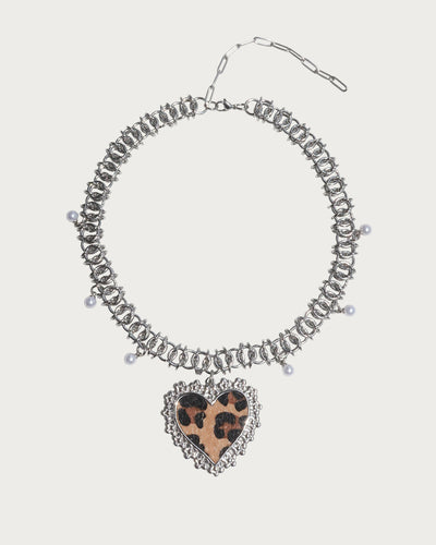 Nativid Chic Leopard Print Heart Pearl Silver Necklace