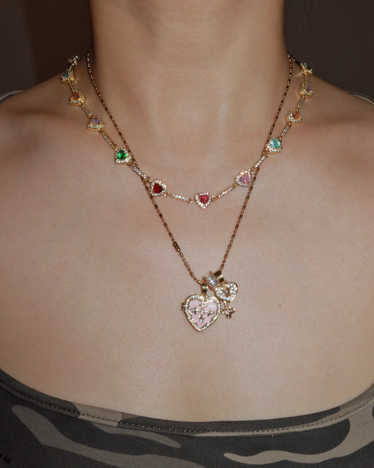 Amour Rainbow Colorful Heart Golden Necklace & Bracelet