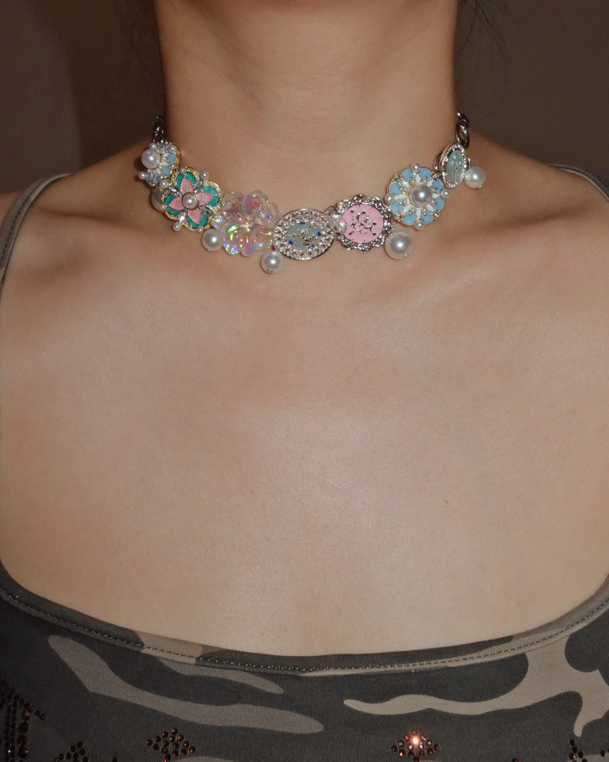 Fairy Pastel Flower Pearl Silver Chocker Necklace