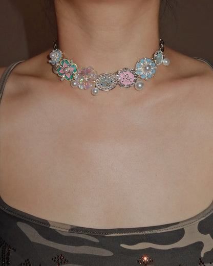 Fairy Pastel Flower Pearl Silver Chocker Necklace