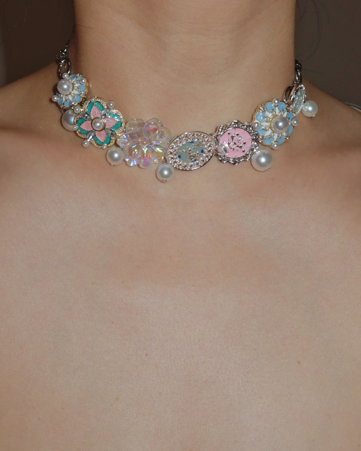 Fairy Pastel Flower Pearl Silver Chocker Necklace