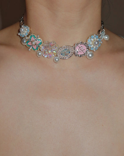 Fairy Pastel Flower Pearl Silver Chocker Necklace