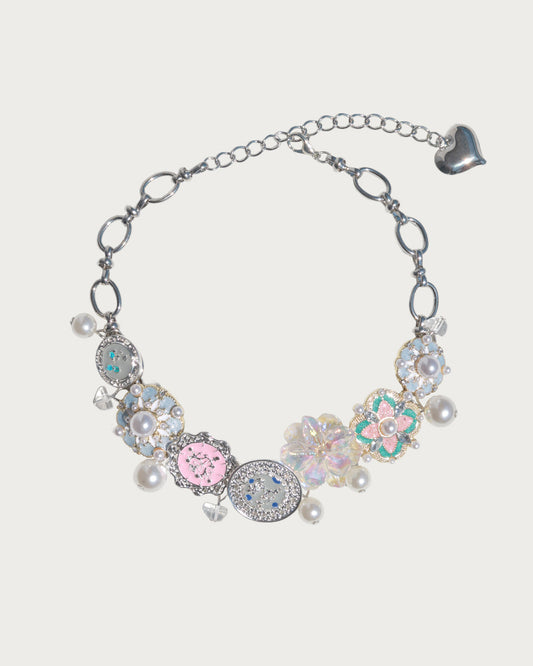 Fairy Pastel Flower Pearl Silver Chocker Necklace