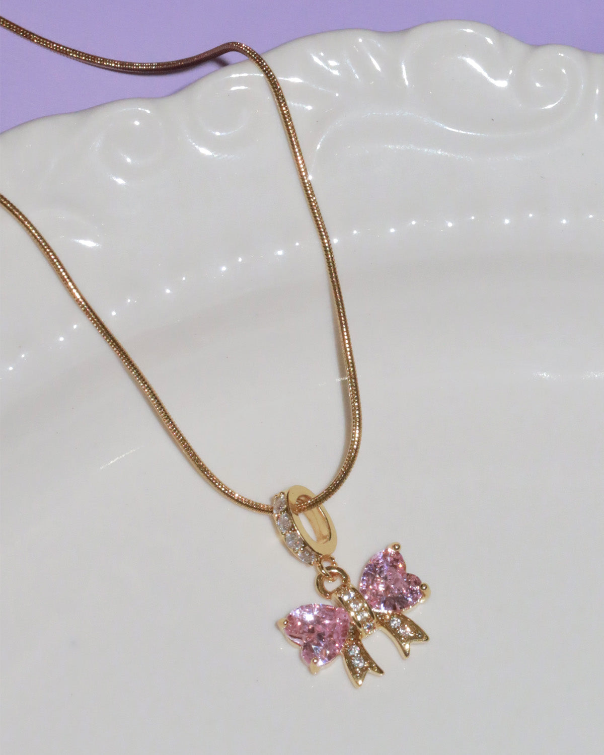 Rosabelle Pink Crystal Bow Golden Necklace