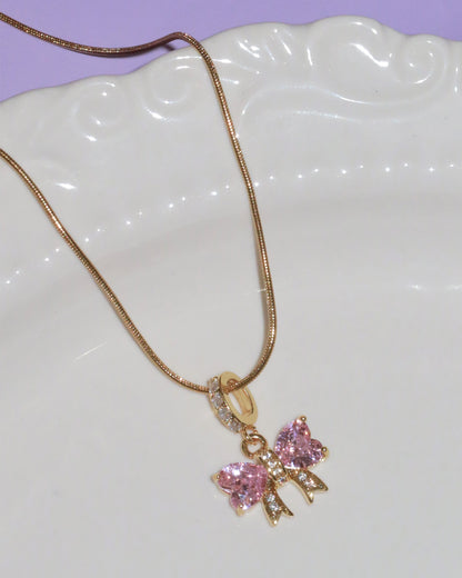 Rosabelle Pink Crystal Bow Golden Necklace