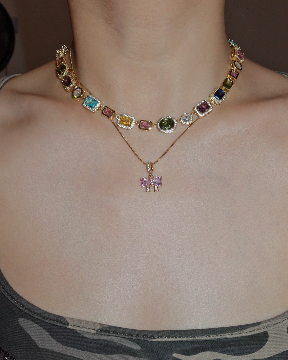 Rosabelle Pink Crystal Bow Golden Necklace