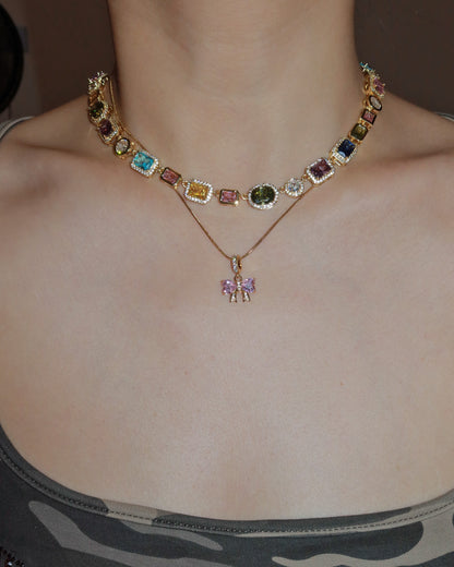 Rosabelle Pink Crystal Bow Golden Necklace