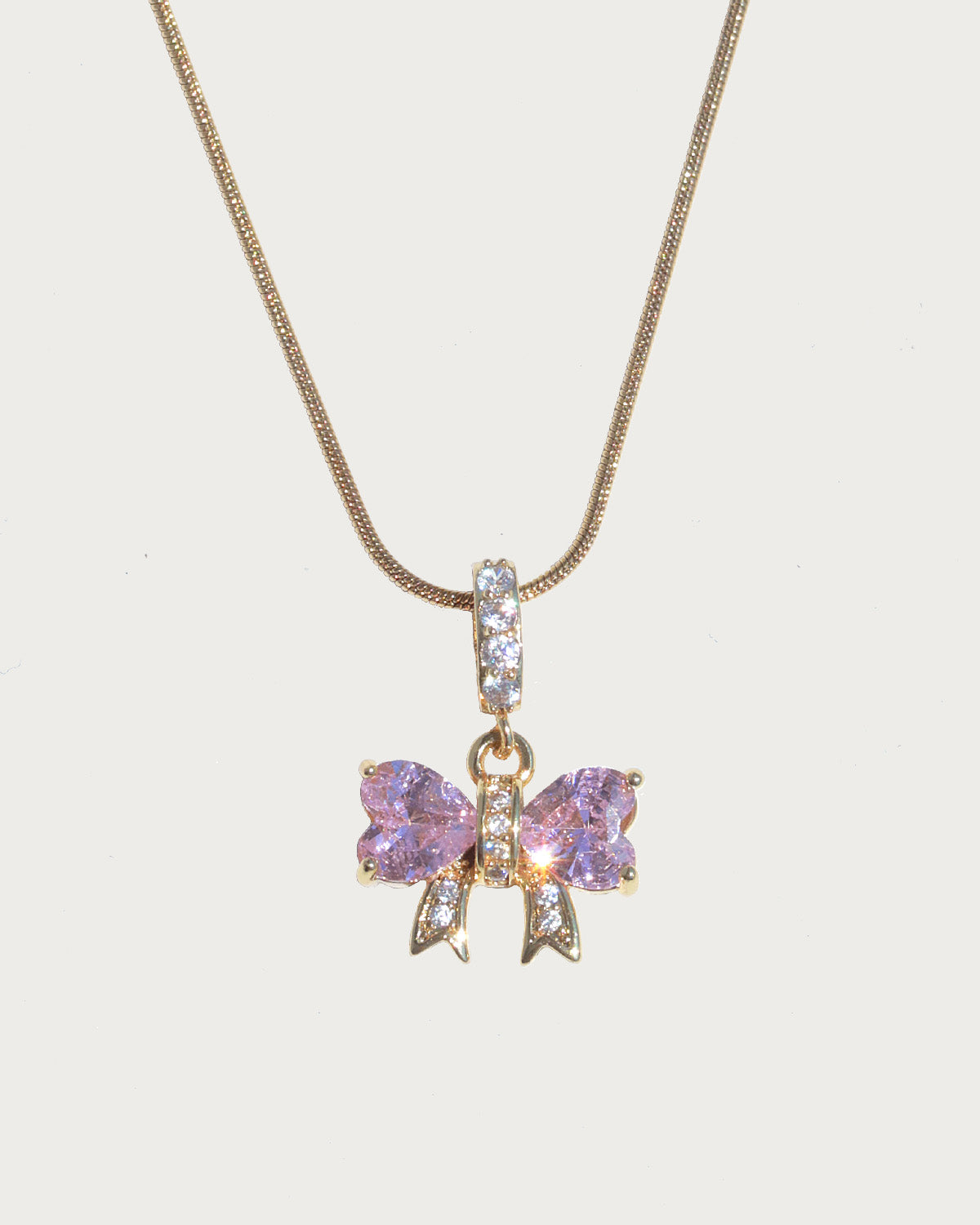 Rosabelle Pink Crystal Bow Golden Necklace