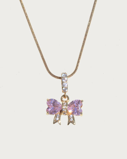 Rosabelle Pink Crystal Bow Golden Necklace