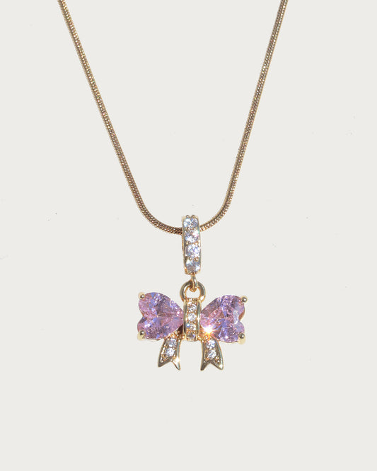 Rosabelle Pink Crystal Bow Golden Necklace