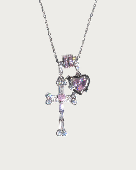 Doreen Pink Heart Cross Silver Pendant Necklace