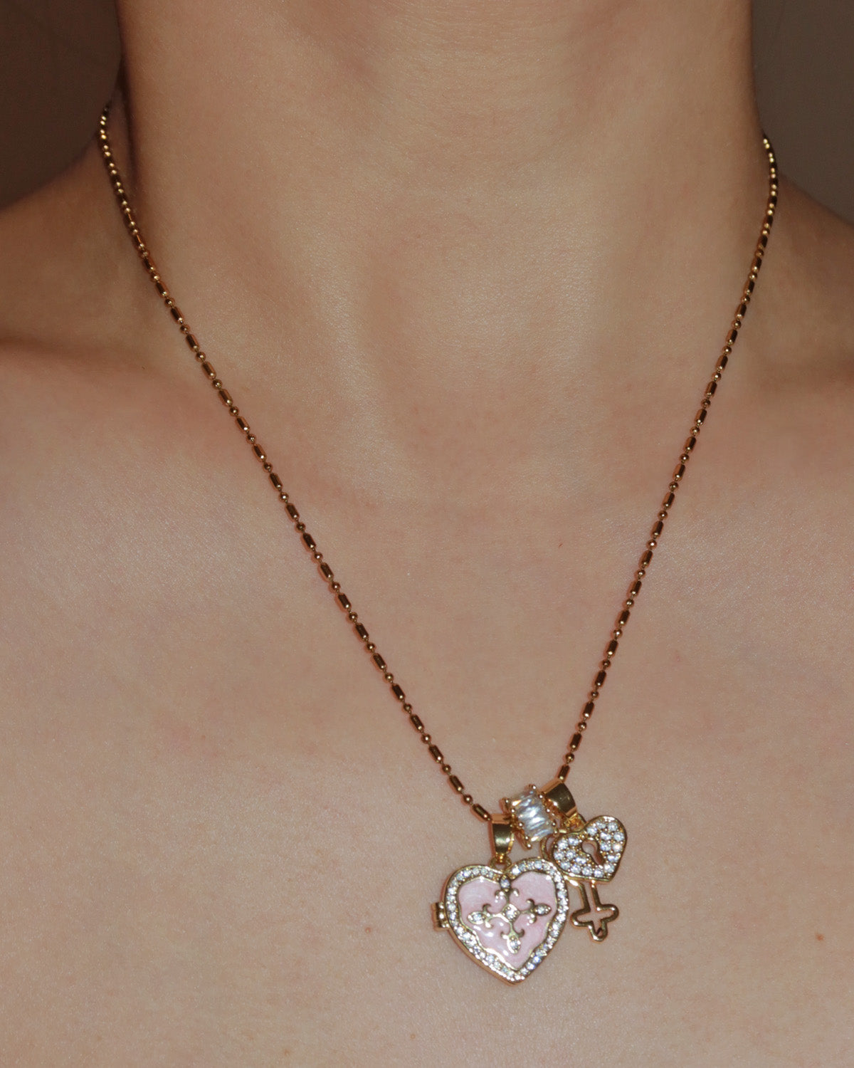 Genevieve Pink Reliquary Heart Golden Pendant Necklace