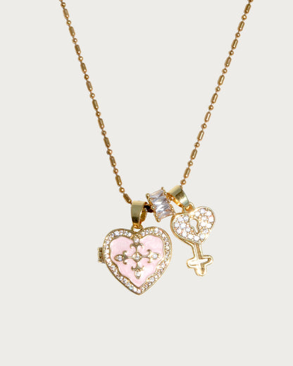 Genevieve Pink Reliquary Heart Golden Pendant Necklace