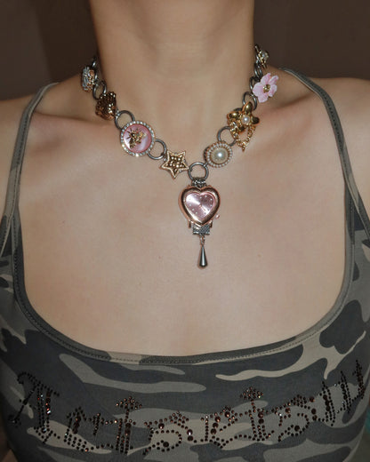 Willow Whimsical Button & Floral Heart Clock Face Silver Necklace