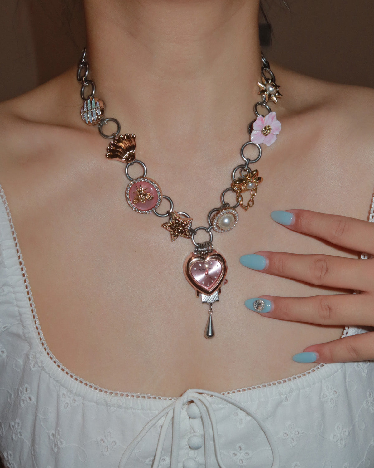 Willow Whimsical Button & Floral Heart Clock Face Silver Necklace