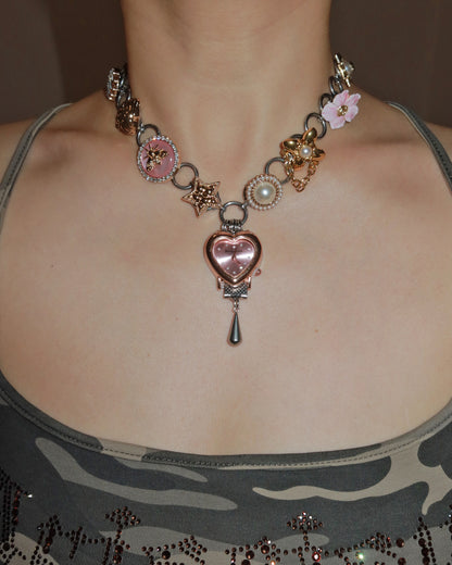 Willow Whimsical Button & Floral Heart Clock Face Silver Necklace