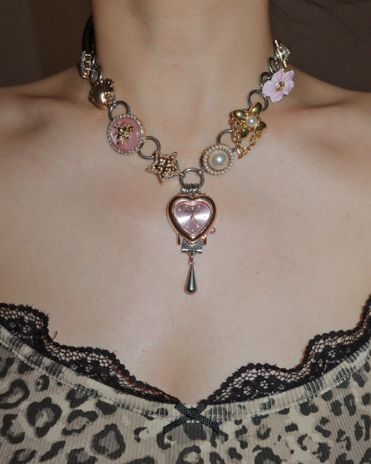 Willow Whimsical Button & Floral Heart Clock Face Silver Necklace